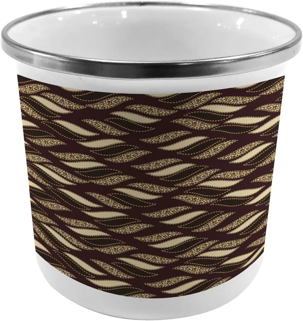 Ambesonne African Metal Camping Cup, Indigenous Abstract Shapes Cheetah Motif Jungle Animal Skin Motif, Stainless Steel Mug for Indoor and Outdoor Activities, Dark Maroon Beige Brown