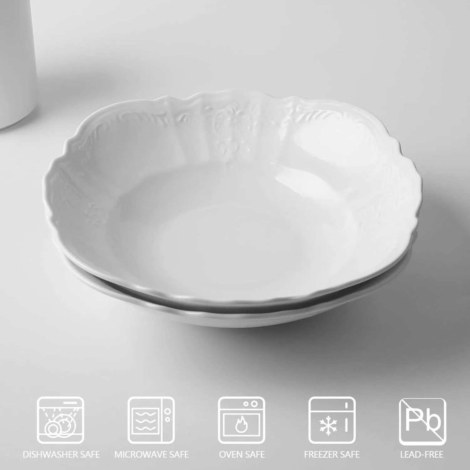 amhomel Porcelain Bowls, 38 Ounce Ceramic Shallow Large Serving Bowls for Salad, Pasta, Soup and Fruit, Microwave & Dishwasher Safe, Set of 2(White, 9 Inch)