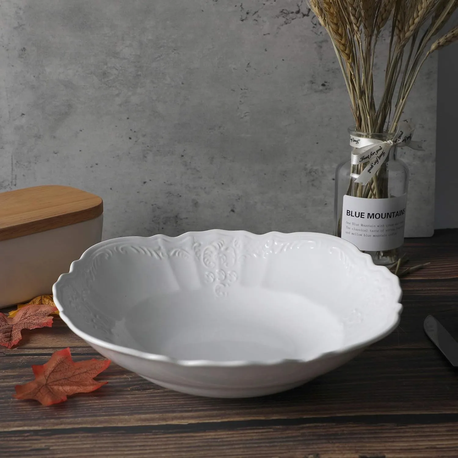 amhomel Porcelain Bowls, 38 Ounce Ceramic Shallow Large Serving Bowls for Salad, Pasta, Soup and Fruit, Microwave & Dishwasher Safe, Set of 2(White, 9 Inch)