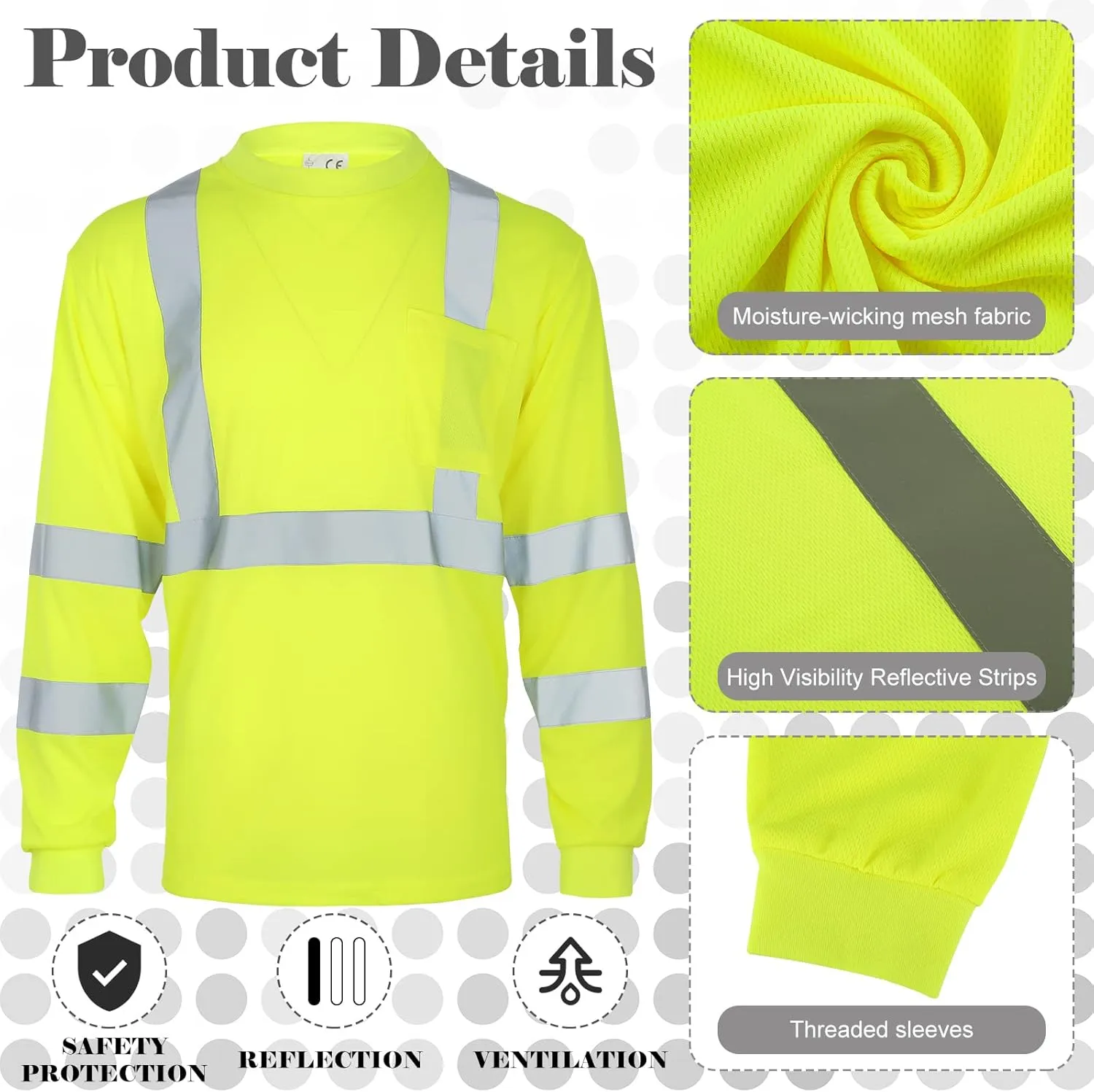 Amylove 4 Pcs Long Sleeve Safety Shirt High Visibility Reflective Construction Work Shirts for Men Women