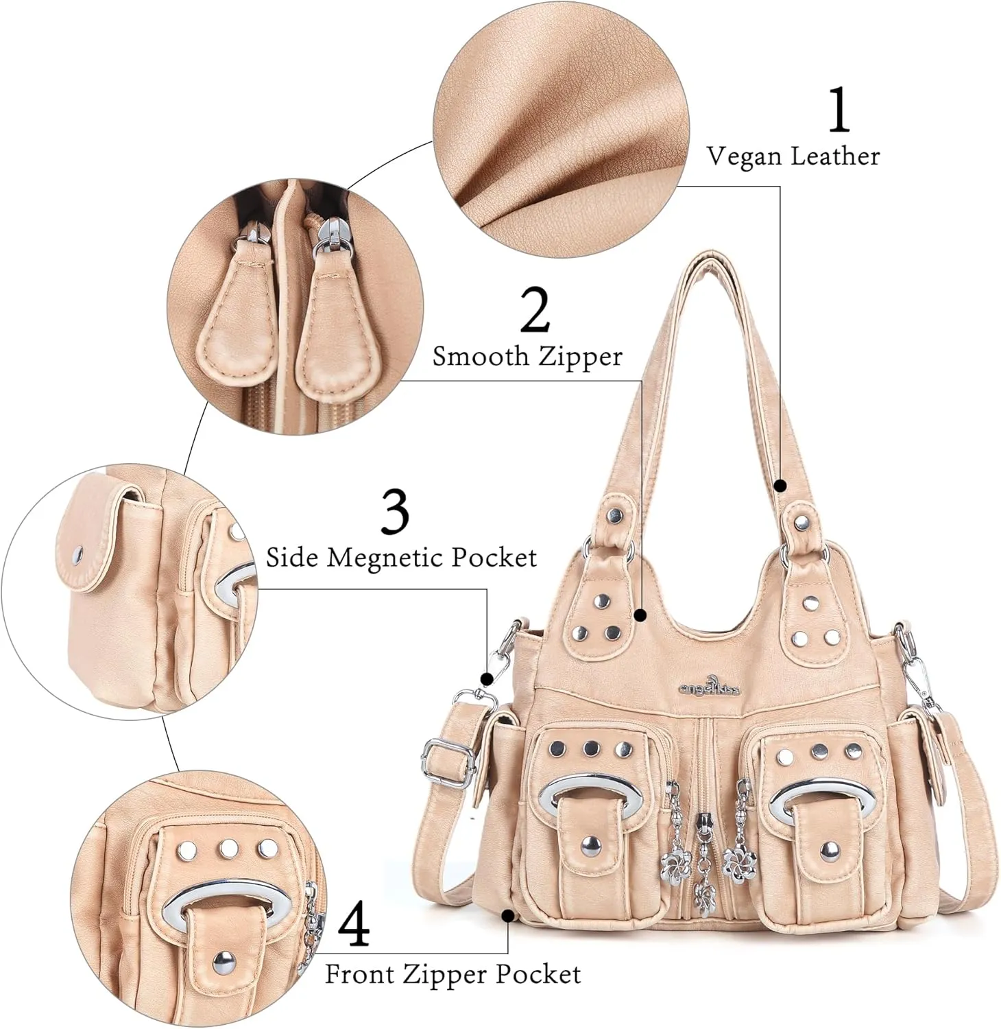 Angel Kiss Purses for Women Small Hobo Crossbody Bags Multi-Pocket Vegan Leather Hobo Handbags Tote Bag with Crossbody Strap