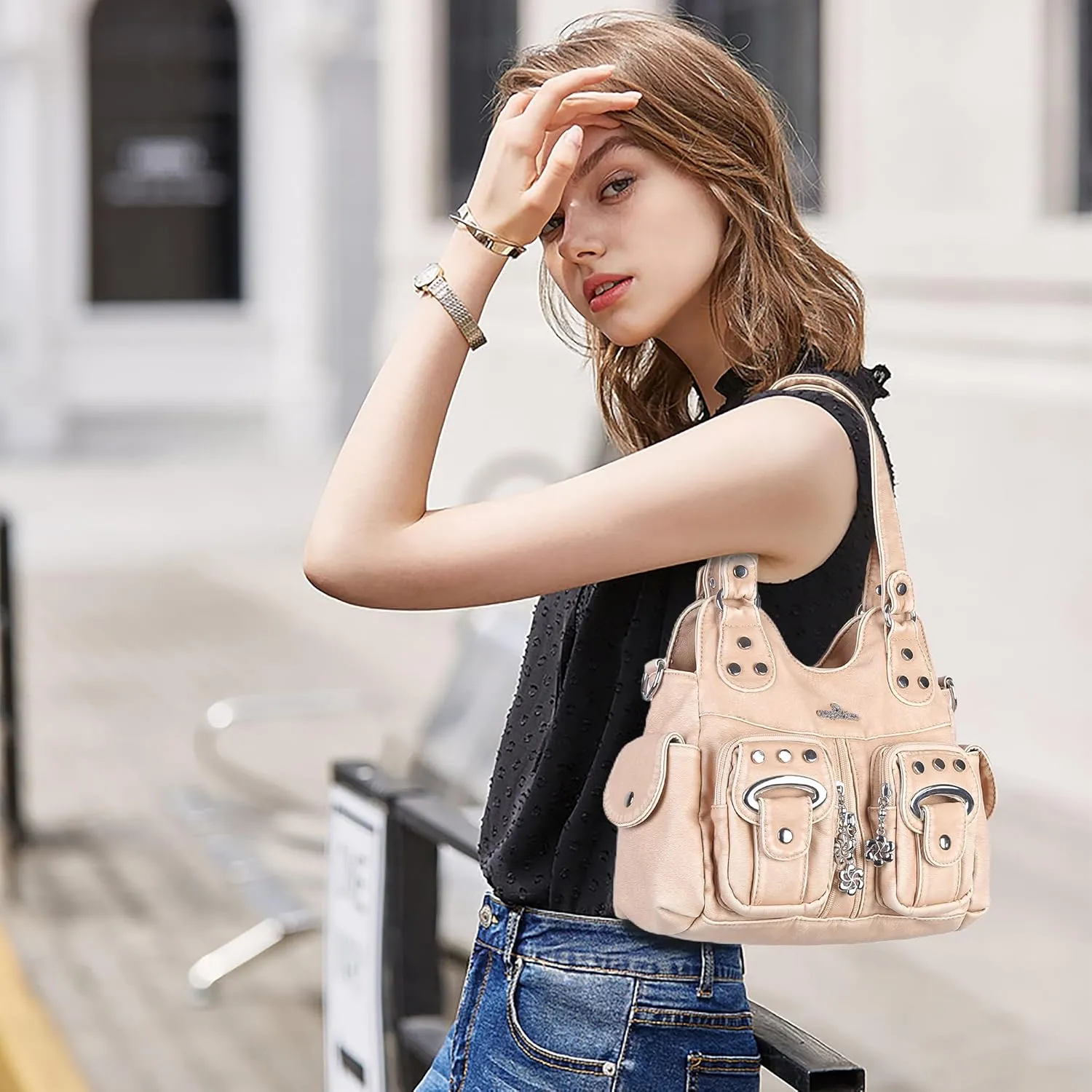 Angel Kiss Purses for Women Small Hobo Crossbody Bags Multi-Pocket Vegan Leather Hobo Handbags Tote Bag with Crossbody Strap