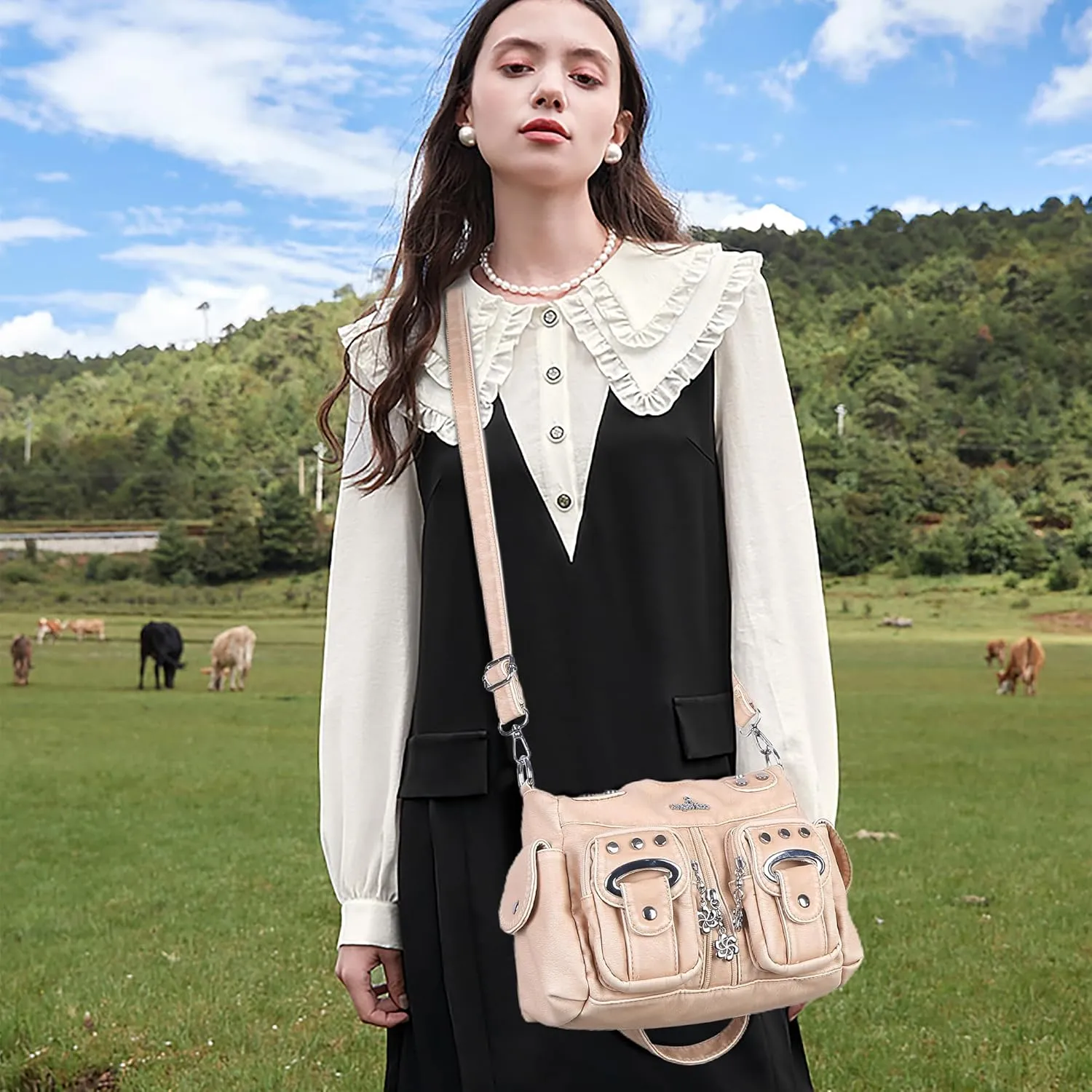 Angel Kiss Purses for Women Small Hobo Crossbody Bags Multi-Pocket Vegan Leather Hobo Handbags Tote Bag with Crossbody Strap