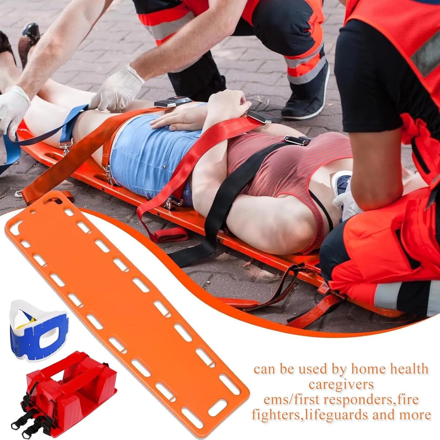 Aquatic Spine Board Rescue Kit - 72”x17”x2” Portable Portable Patient Transport Rescue with Neck Brace & Head Bed, Lightweight PE Plastics Ambulance Stretcher Gurney,Orange-72 * 17 * 2in