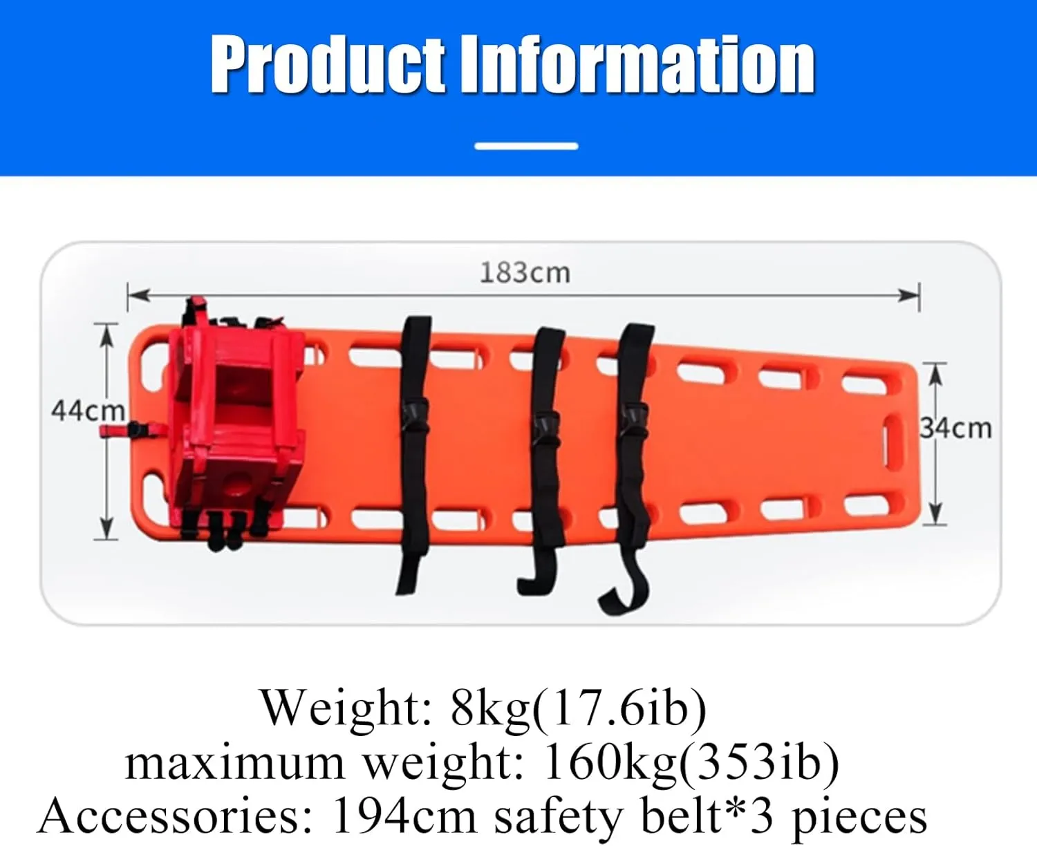 Aquatic Spine Board Rescue Kit - Portable Portable Patient Transport Rescue with Neck Brace & Head Bed, Lightweight PE Plastics Ambulance Stretcher Gurney for Patient,Orange-72 * 17 * 13in