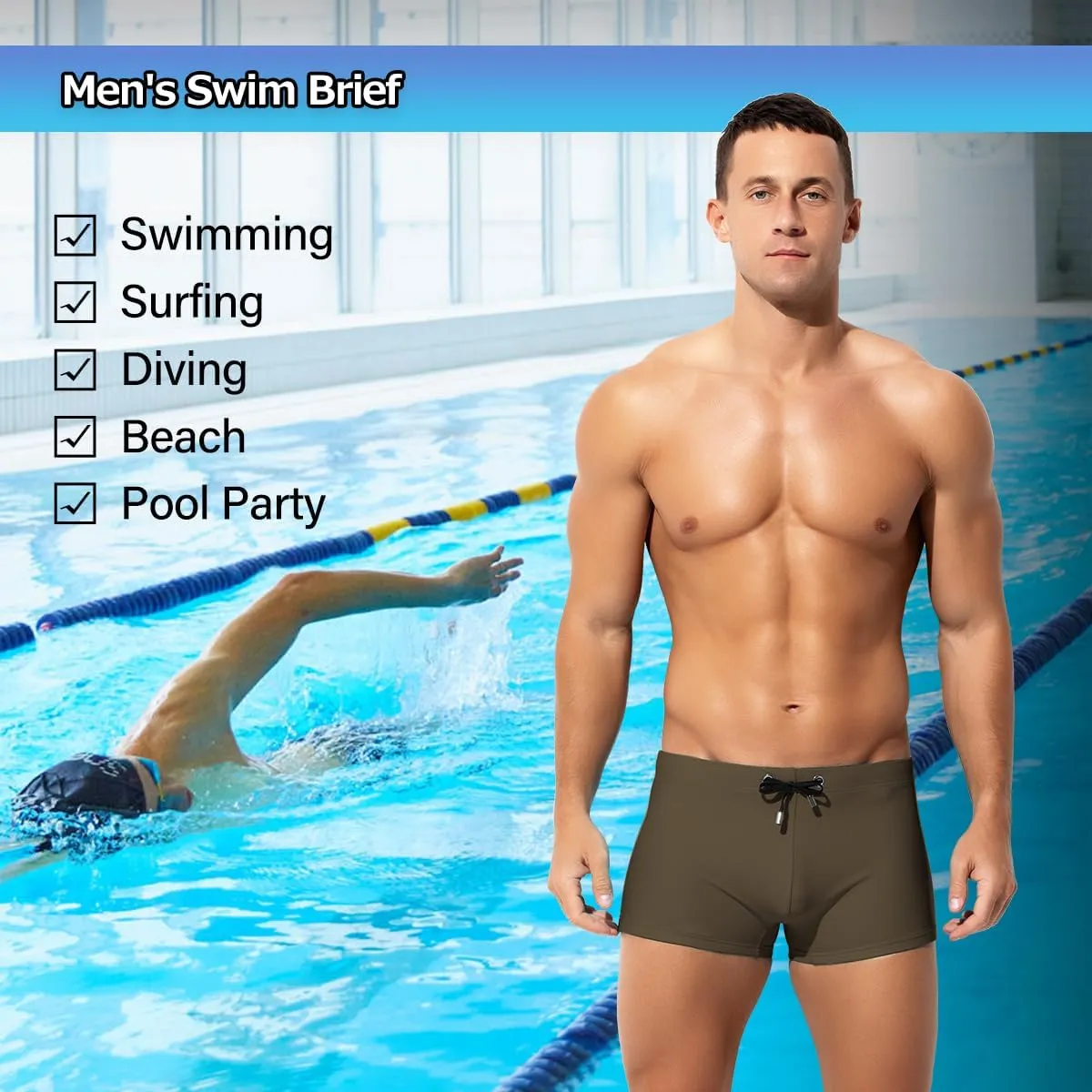 Arjen Kroos Men's Classic Solid Square Cut Swimwear Sexy Tight Swimming Trunks Tan Through Bikini Swim Briefs