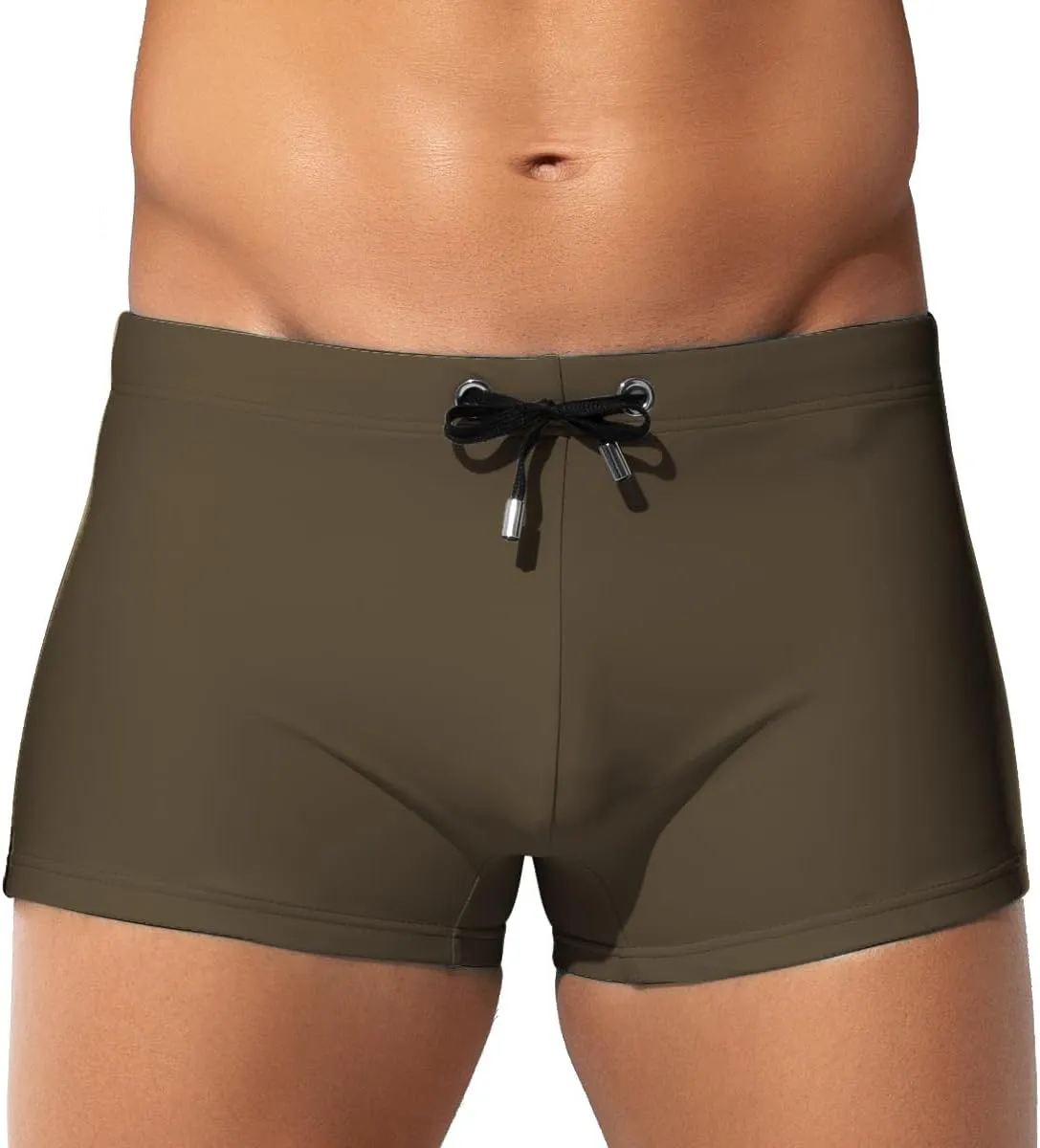 Arjen Kroos Men's Classic Solid Square Cut Swimwear Sexy Tight Swimming Trunks Tan Through Bikini Swim Briefs