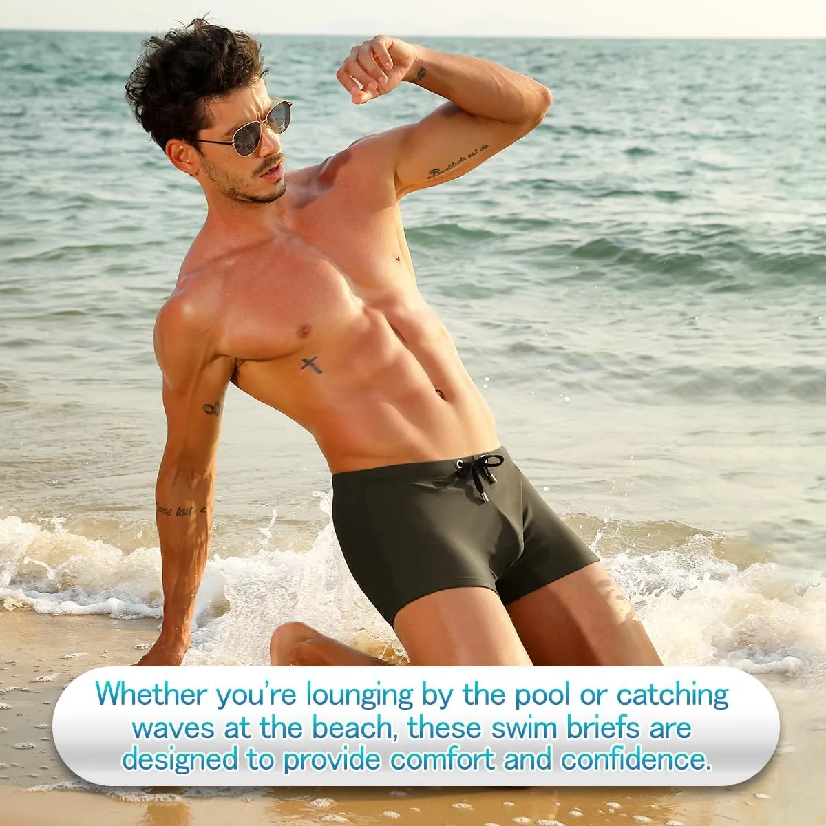 Arjen Kroos Men's Classic Solid Square Cut Swimwear Sexy Tight Swimming Trunks Tan Through Bikini Swim Briefs