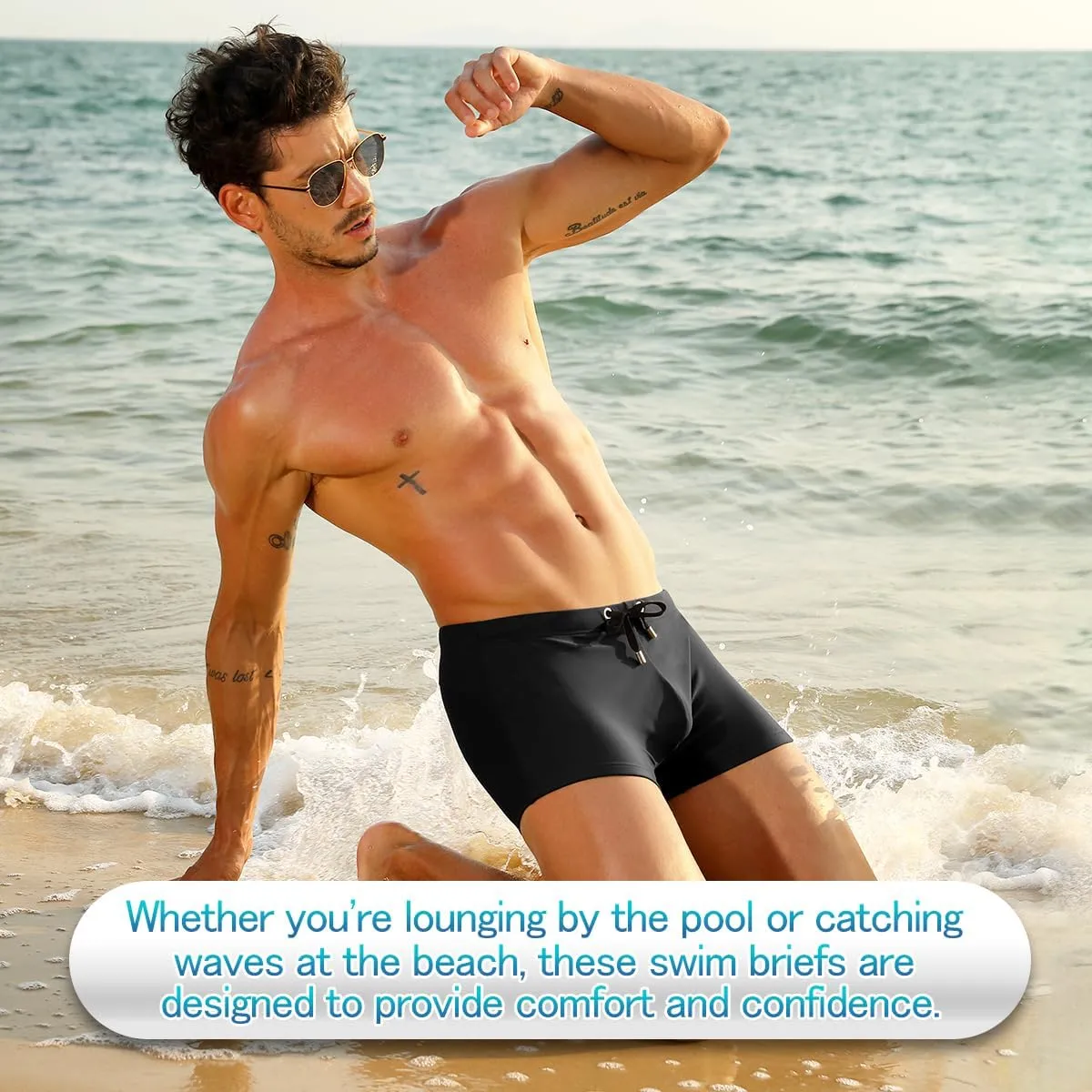 Arjen Kroos Men's Classic Solid Square Cut Swimwear Sexy Tight Swimming Trunks Tan Through Bikini Swim Briefs
