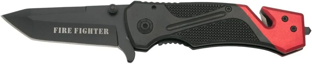 Assisted rescue Folding knife Third K2776RD, black aluminium handle with red detail, blade shape both stainless steel 9.5 cm black. With safety belt cutter and glass breaker tip. With clip and sheath.