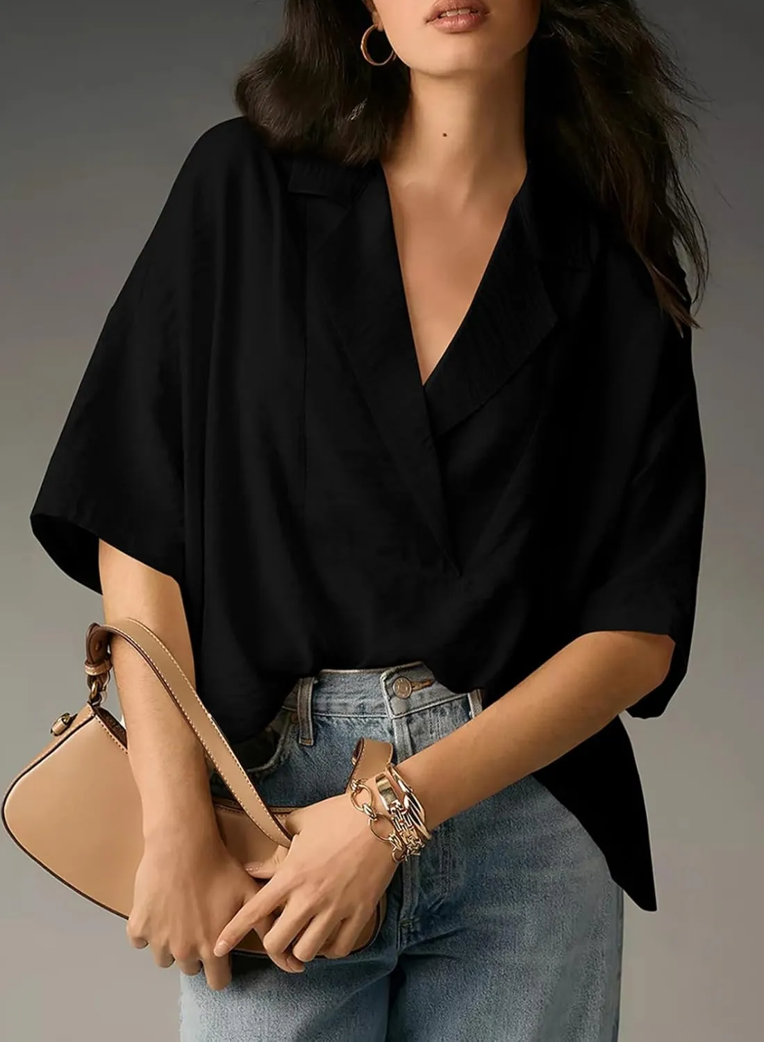 Astylish Womens Dressy Casual Blouse Business Short Sleeve Collared Tops Placket V Neck Work Shirt