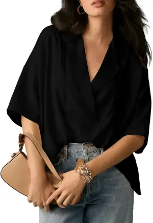 Astylish Womens Dressy Casual Blouse Business Short Sleeve Collared Tops Placket V Neck Work Shirt