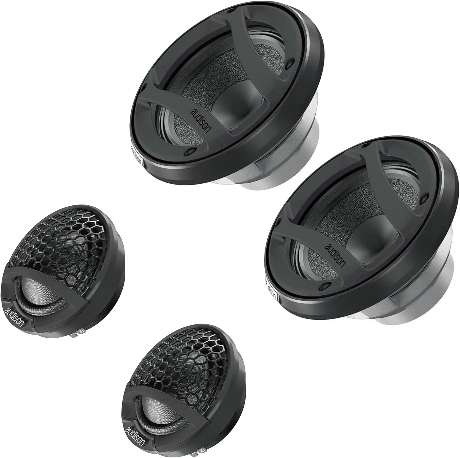 Audison AV 3.0 Voce Series 3" (70mm) Midrange Neodymium Magnets with Grilles (Pair) and Audison AV 1.1 Voce Series 1.38" (28mm) Tweeters (Pair)