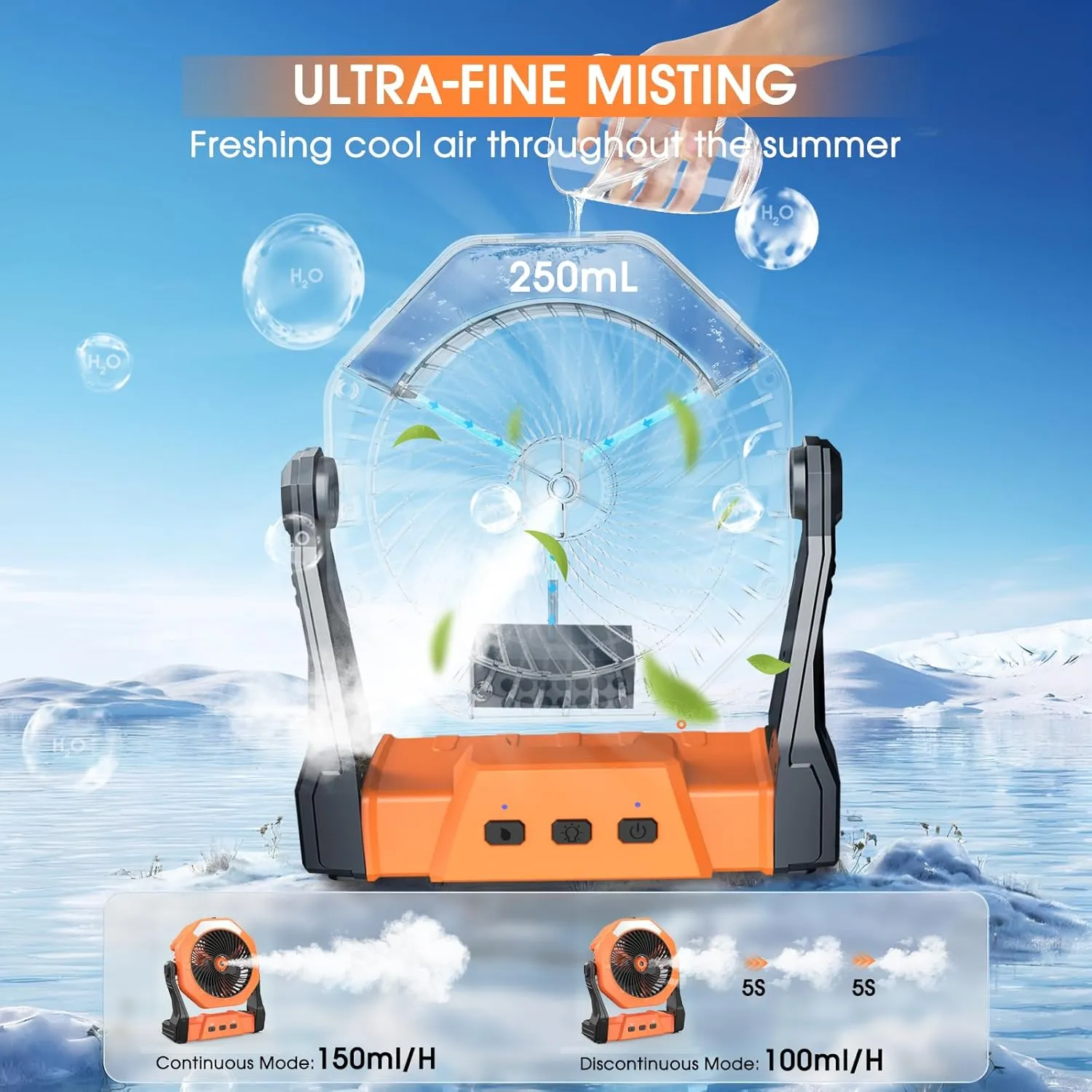 Ausic Portable Misting Fan, Outdoor Fans for Patios with Water Mist, 20000mAh Rechargeable Battery Personal Cooling Fan with Mister, 8-Inch, 250mL Water Tank & LED Lantern, for Home, Outside, Camping