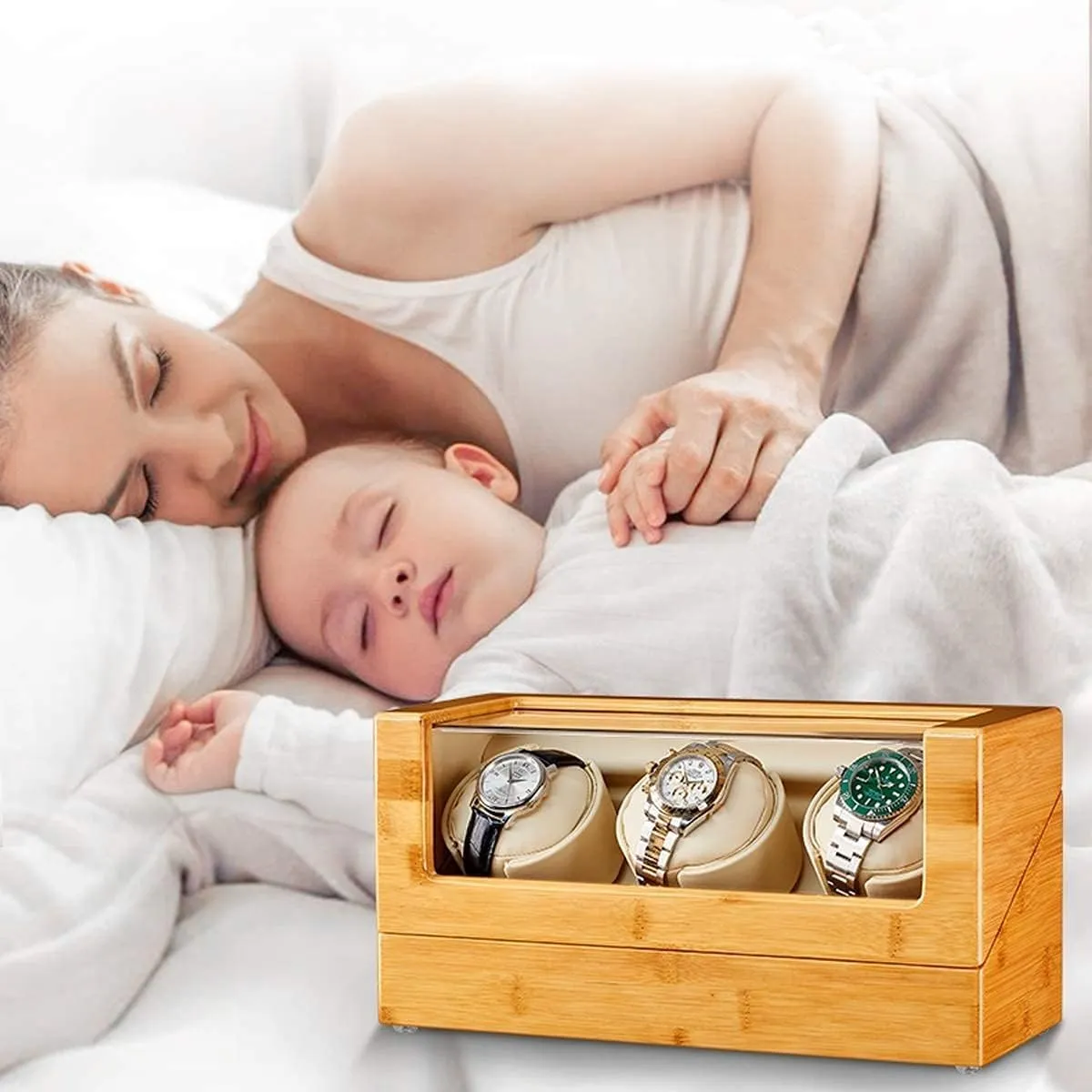 Automatic Watch Winder,in Wood Shell and Leather Pillow Carbon Fiber Leather, Silent Motor and 5 ModesHoliday Gift