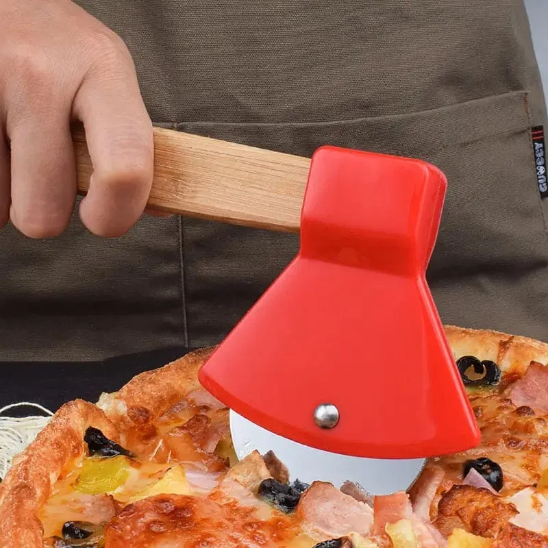 Axe Bamboo Handle Pizza Cutter, Stainless Steel Rotating Blade Pizza Pastry Pasta Dough Cutting Tools, New Portable Round Pizza Pizza Cutter