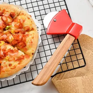 Axe Bamboo Handle Pizza Cutter, Stainless Steel Rotating Blade Pizza Pastry Pasta Dough Cutting Tools, New Portable Round Pizza Pizza Cutter
