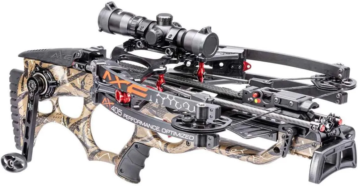 Axe Crossbows AX405 - Shoot Through Riser, Integrally Mounted 3 Arrow Quiver, Multi Range Illuminated Reticle Scope, (3) Axe Micro Diameter Bolts with 100 Grain Practice Tips Included, Model AX40001