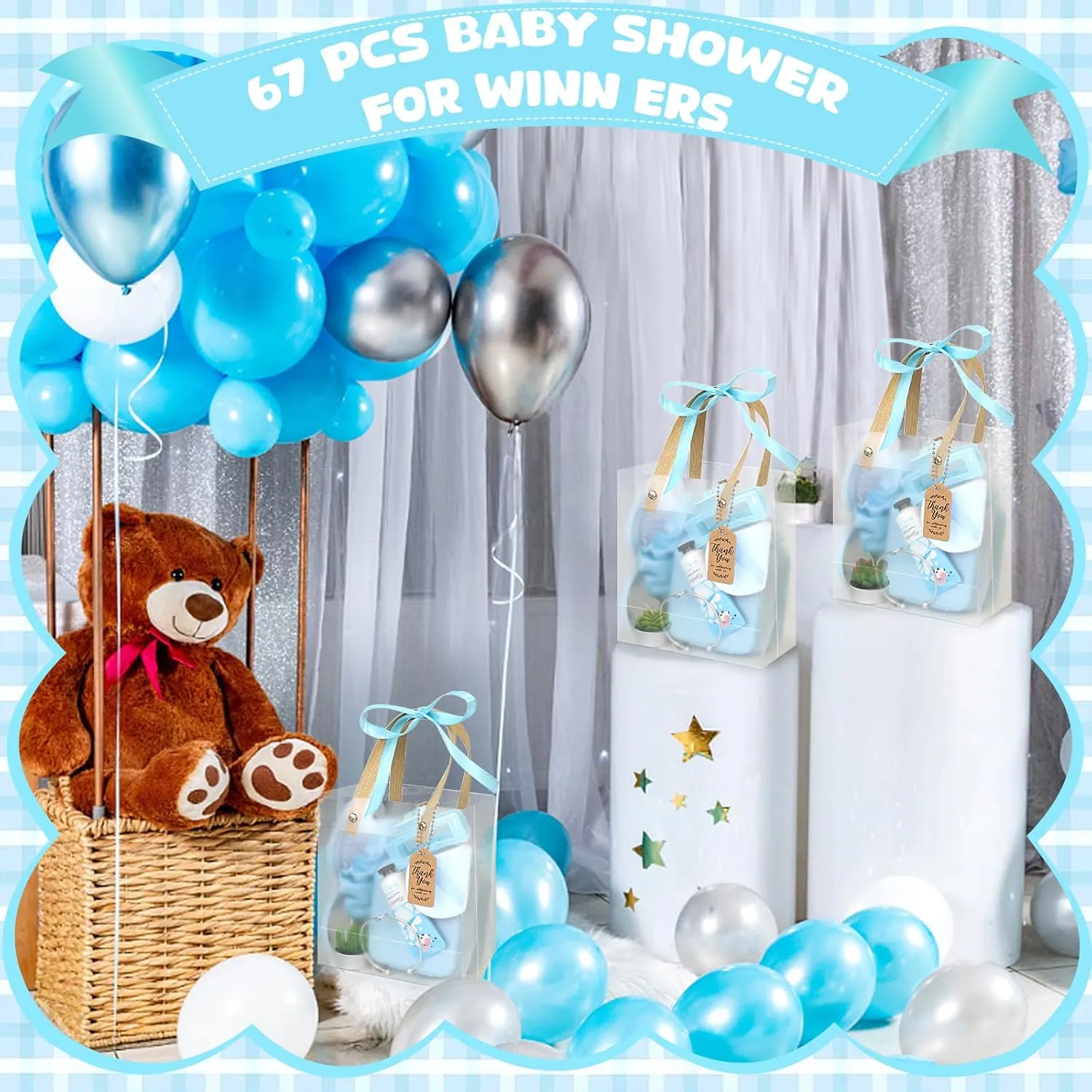 Baby Shower Prizes for Winners Gifts Headband Hair Brush Jewelry Box Plants Candles Bracelet Hand Cream Compact Powder Puff Hair Claw ribbon Gift Bag Beaded Necklace Bridal Shower(6 Sets-Blue)