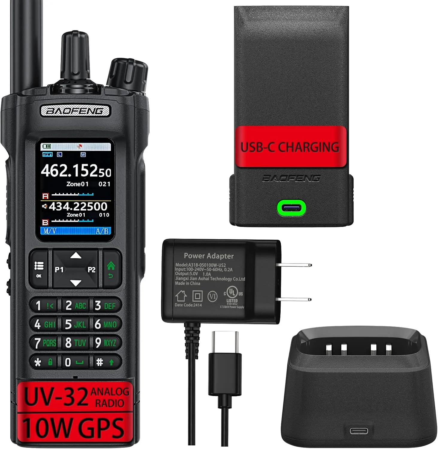 BAOFENG Radio UV-32 Ham Radio,10W Rechargeable UV32 Walkie Talkie with GPS,APP Programming,AM,Copy Frequency,USB-c Charging,for Off-Road & Disaster Ready (1 Pack Black)