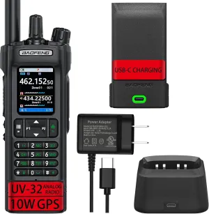 BAOFENG Radio UV-32 Ham Radio,10W Rechargeable UV32 Walkie Talkie with GPS,APP Programming,AM,Copy Frequency,USB-c Charging,for Off-Road & Disaster Ready (1 Pack Black)