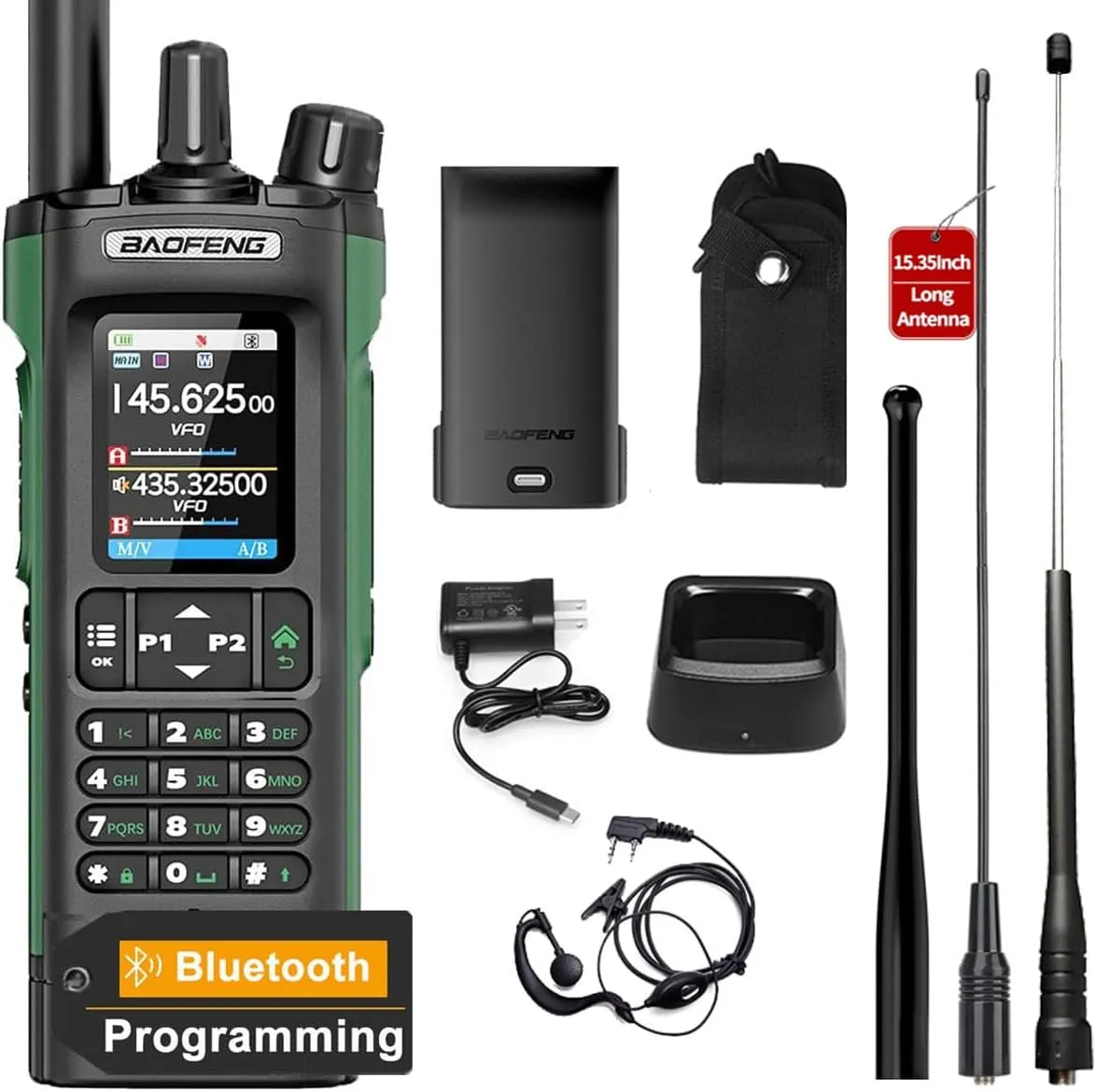 BAOFENG UV-32 10W High Power Long Range Walkie Talkie Bluetooth Programming Multi Band Rechargeable GPS Type-C 1000CH Two Way Ham Radio with 771 and Telescopic Antenna for Family Hunting Hiking