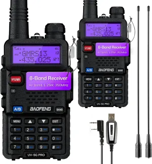 BAOFENG UV-5G PRO GMRS Handheld Radio, UHF/VHF/Airband/220MHz/350MHz Scanner & Receiver, GMRS Repeater Capable, Long Range Two Way Radio with Programming Cable 15.5” ANT, Support Chirp, 2 Pack