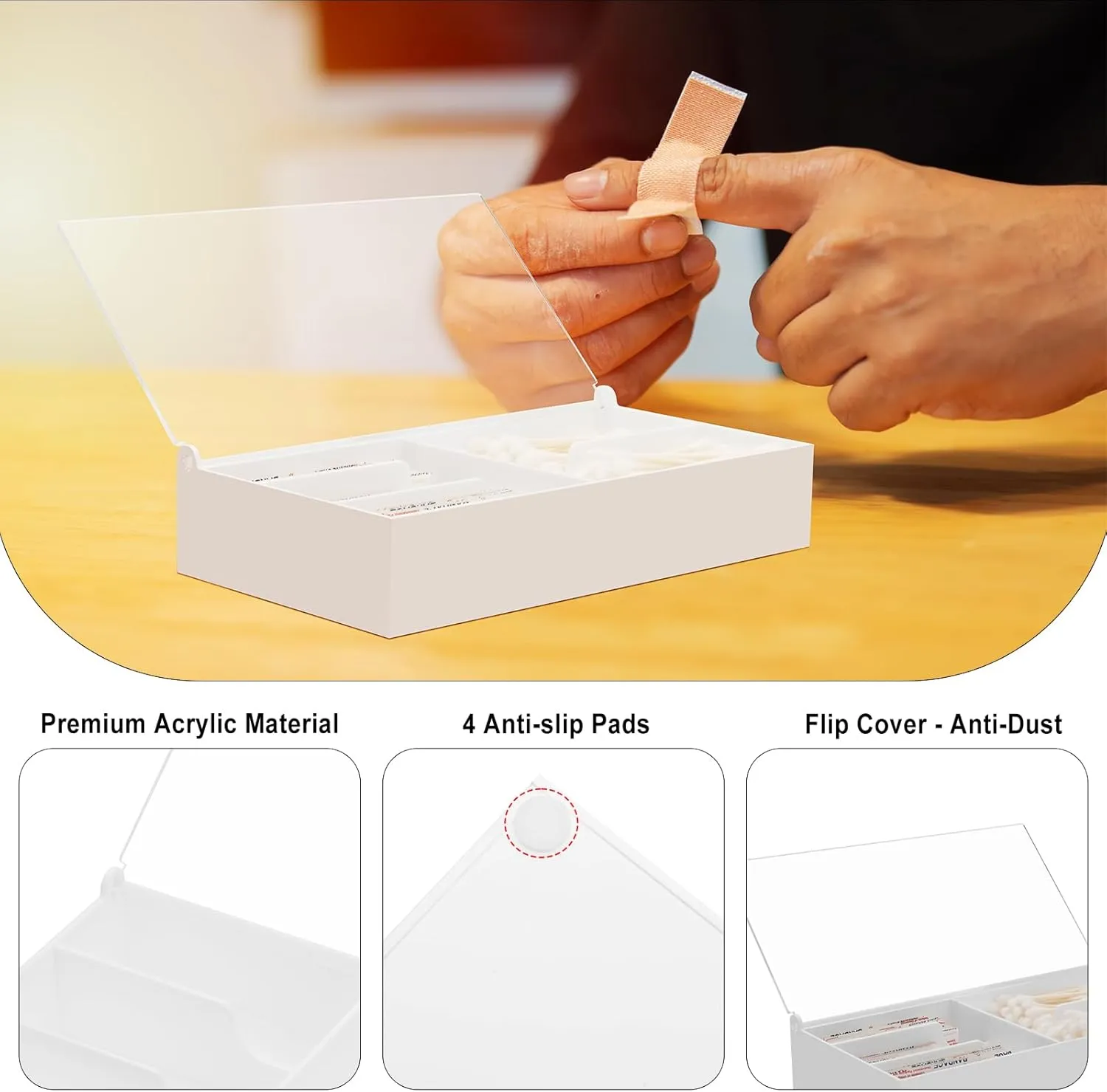 Beautyflier Organizer Case for Band-Aid Flexible Fabric Bandages, Acrylic Holder for First Aid Bandage, Storage Box for Cotton Swab, Pills, Paper Clips, Flip Cover - Anti-Dust, Case Only (White)
