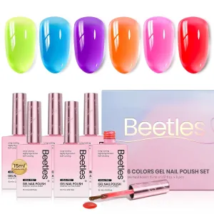Beetles Jelly Gel Nail Polish Set, 6 Colors Hema Free Summer Neon Gel Polish Yellow Pink Red Blue Purple Orange 15ML Full Size Sheer Translucent Effect Soak Off UV Colorful Bottle Gel Gift for Women