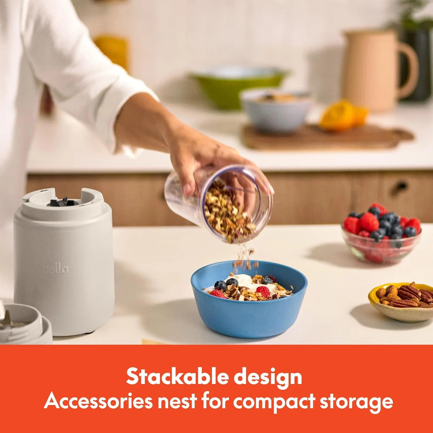 bella 6 Pcs Portable Rocket Blender, Juicer & Smoothie Maker, Press & Twist Design, EverGood™ & BPA Free Dishwasher Safe Parts, 4 Tip Stainless Steel Blade, Cord Wrap, 240 Watt Motor, Oatmilk