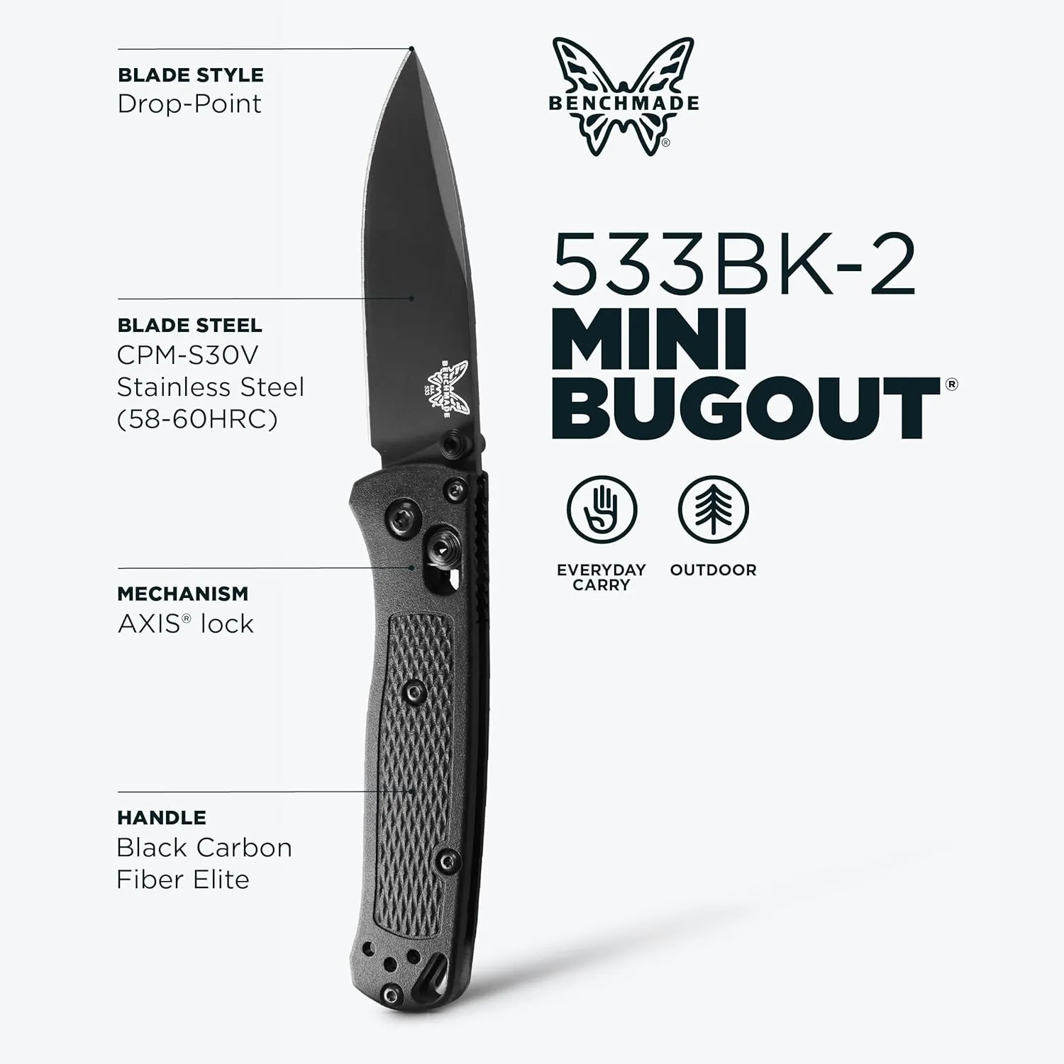 Benchmade - Mini Bugout 533 Folding Knife with Black Carbon Fiber Elite Handle (533BK-2)