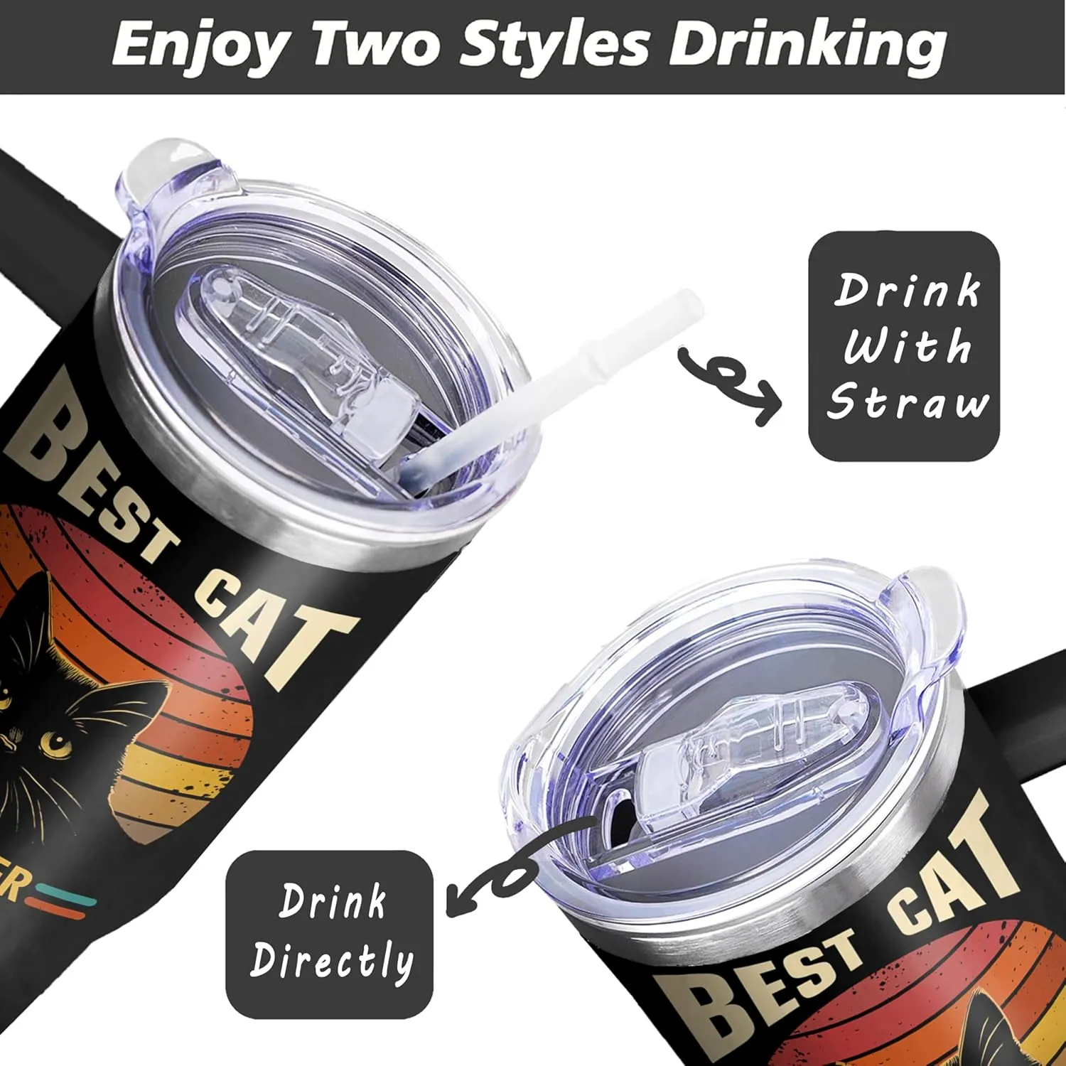 Best Cat Dad Mug Insulated Cat Paw Cup, 40 Oz Black Cat Tumbler with Handle and Straw, Black Cat Mug Double Wall Stainless Steel Cat Dad Cup, Best Cat Dad Ever Tumbler and Cat Dad Gifts for Men