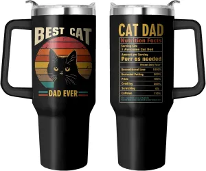Best Cat Dad Mug Insulated Cat Paw Cup, 40 Oz Black Cat Tumbler with Handle and Straw, Black Cat Mug Double Wall Stainless Steel Cat Dad Cup, Best Cat Dad Ever Tumbler and Cat Dad Gifts for Men