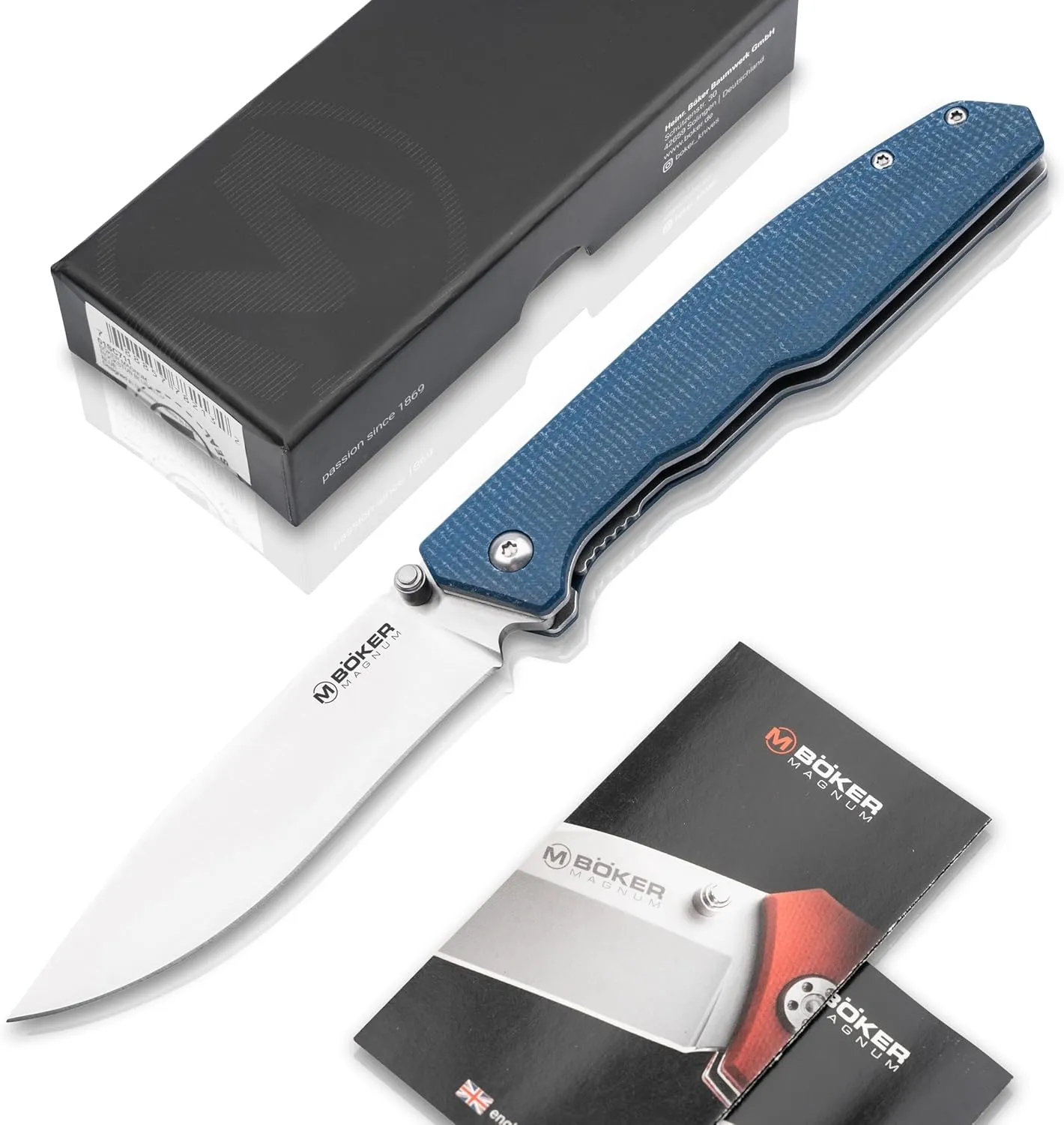 Böker MAGNUM® Deep Blue Canvas EDC Knife - pocket knife with clip - Liner lock with Micarta handle scales blue - Outdoor - thumb pin - EDC folding knife