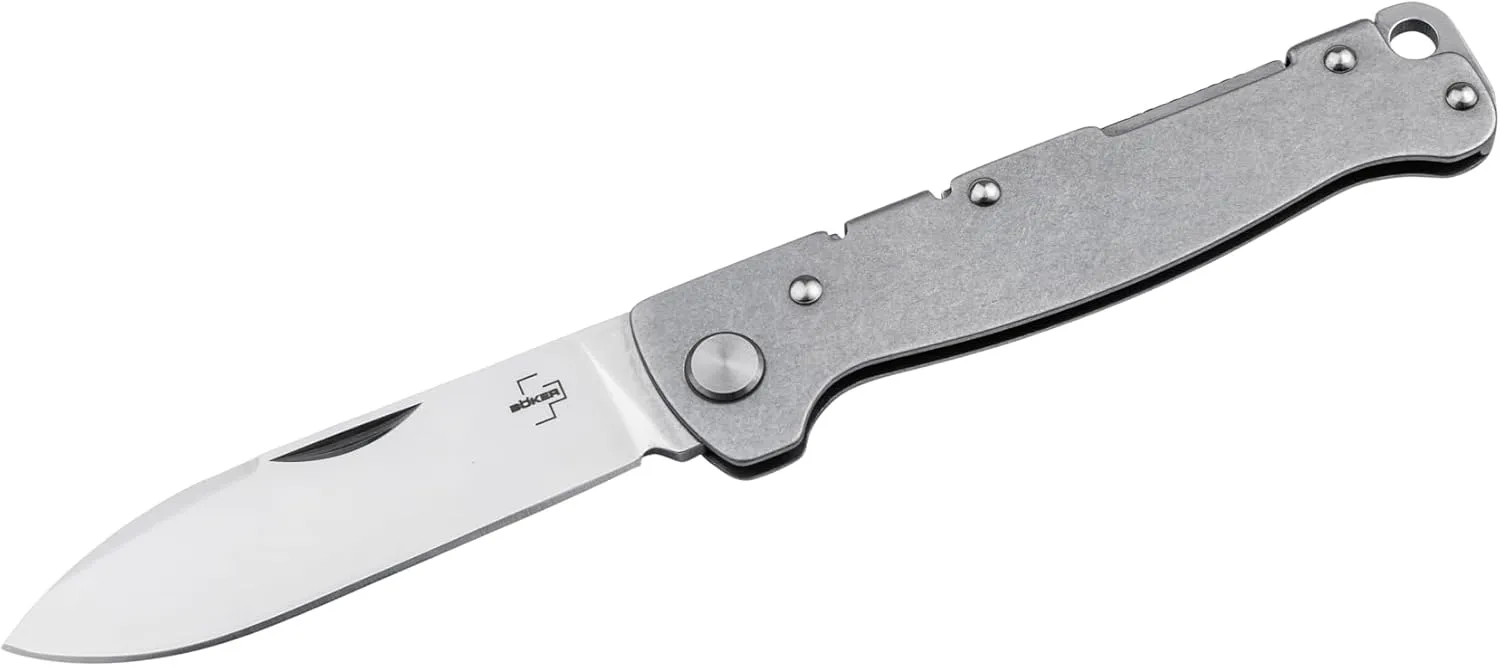 BÖKER PLUS® Atlas Backlock Clippoint - classic pocket folding knife with steel handle - D2 blade - Backlock knife in case
