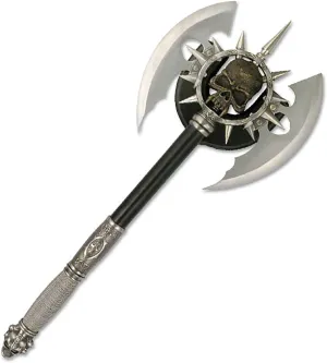 BladesUSA – Fantasy Axe – Full Size Fantasy Medieval Battle Axe, Dual Blades and 11 Steel Spikes Around Center Skull. Wire Wrapped Handle, Display Plaque - SW-701 – Collectible, Display, Replicas Silver