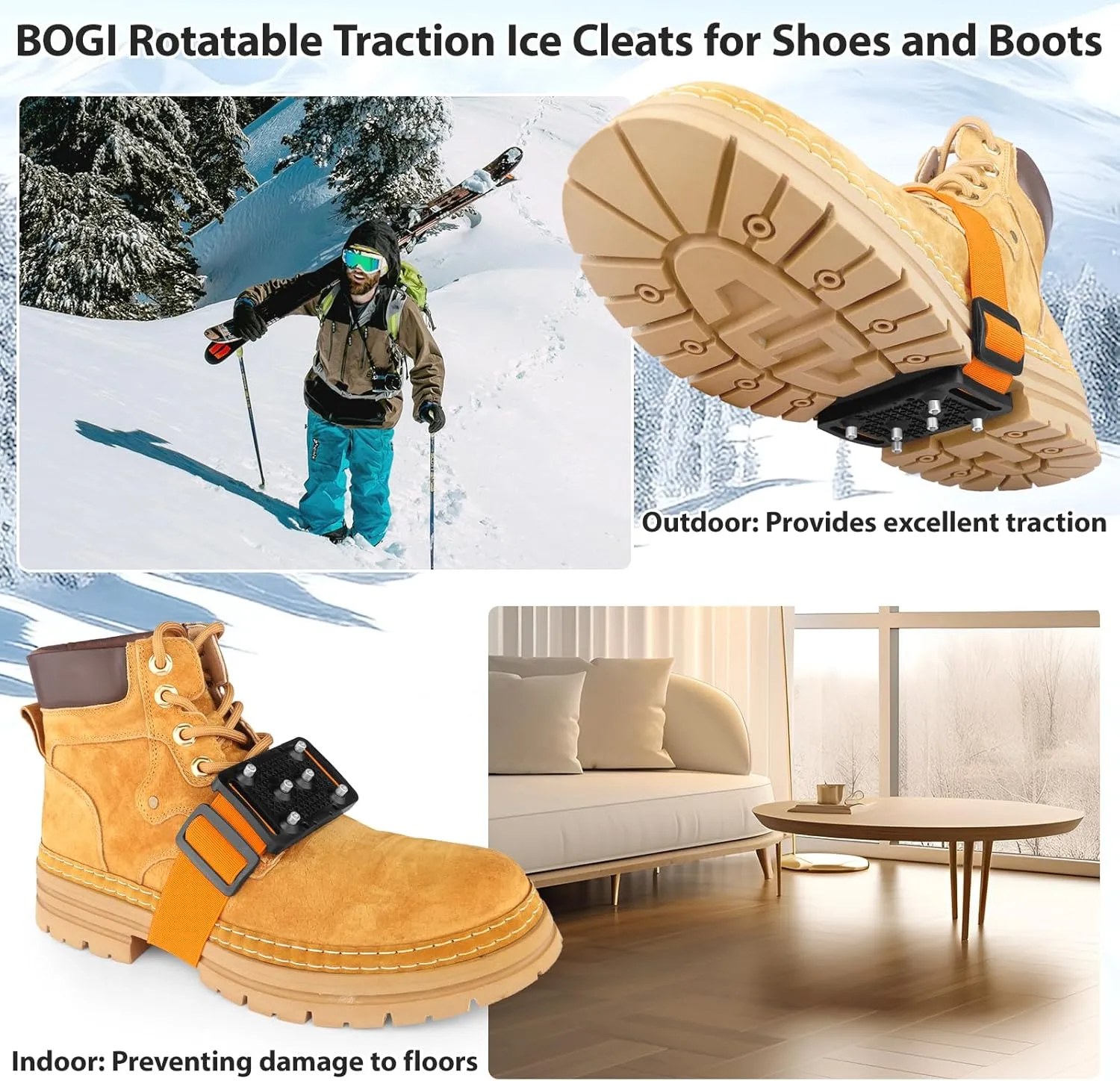BOGI Ice Cleats Crampons, Rotatable Traction Ice Cleats for Shoes and Boots with Tungsten Studs Ice Grippers for Shoes with Adjustable Straps for Men Women in Winter Indoor/Outdoor