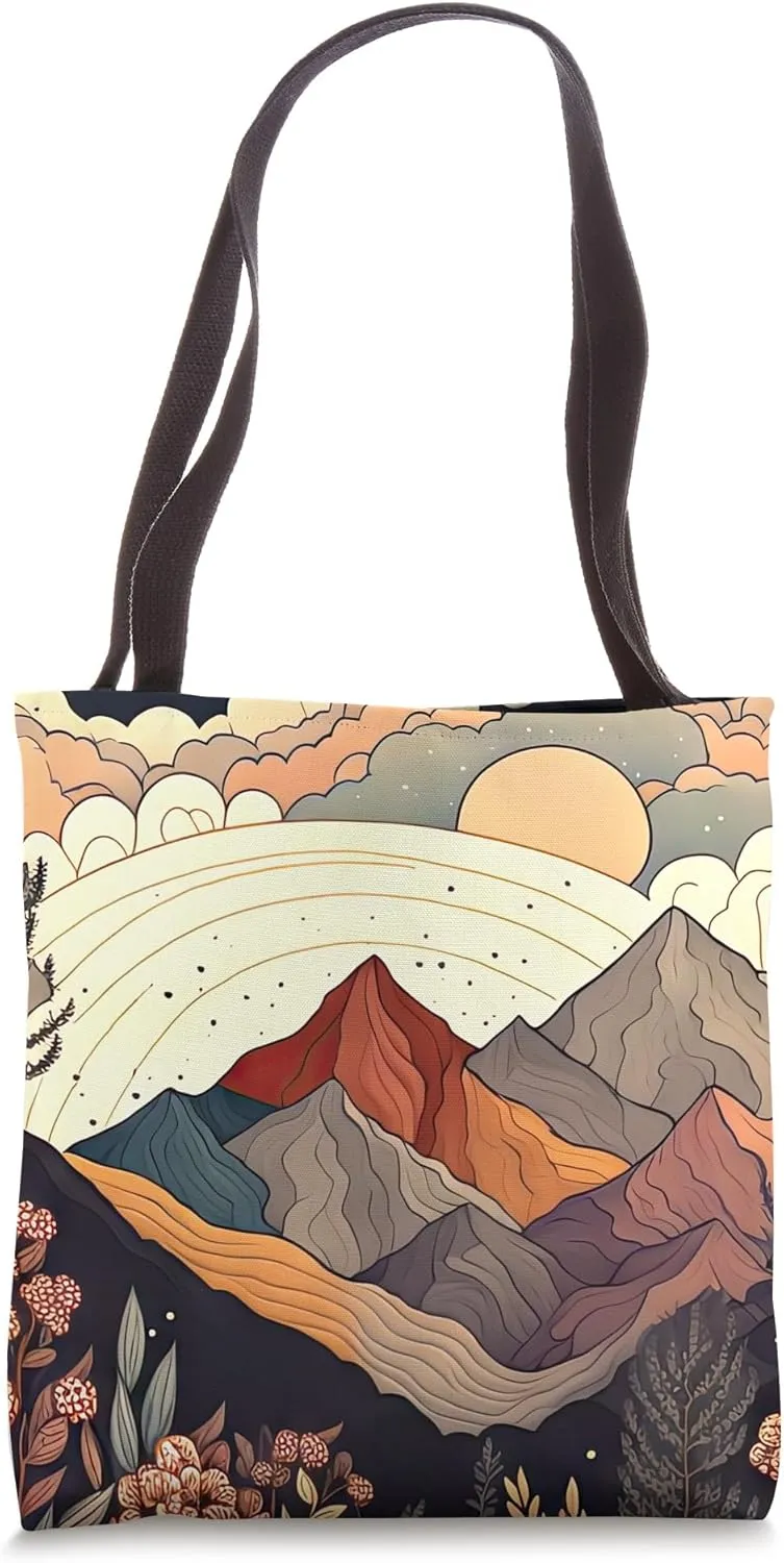 Boho Mountain Wilderness Sunset Tree River Earthy Forest Tote Bag