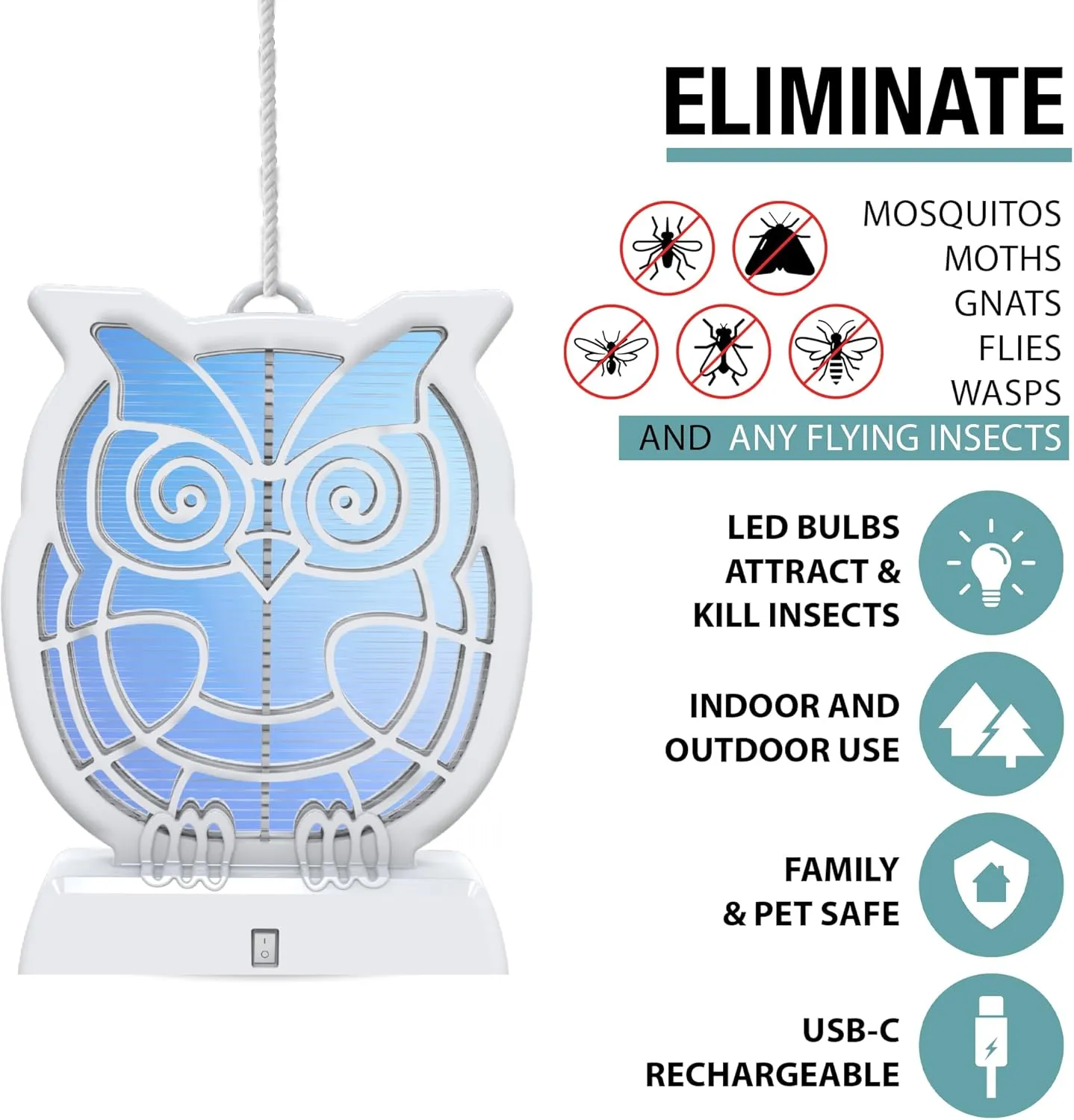 Brookstone Owl Bug Zapper - Cordless & Rechargeable, 800V Stainless Steel Grid, 4 UV LEDs, Indoor/Outdoor Insect Killer, Safe for Children & Pets