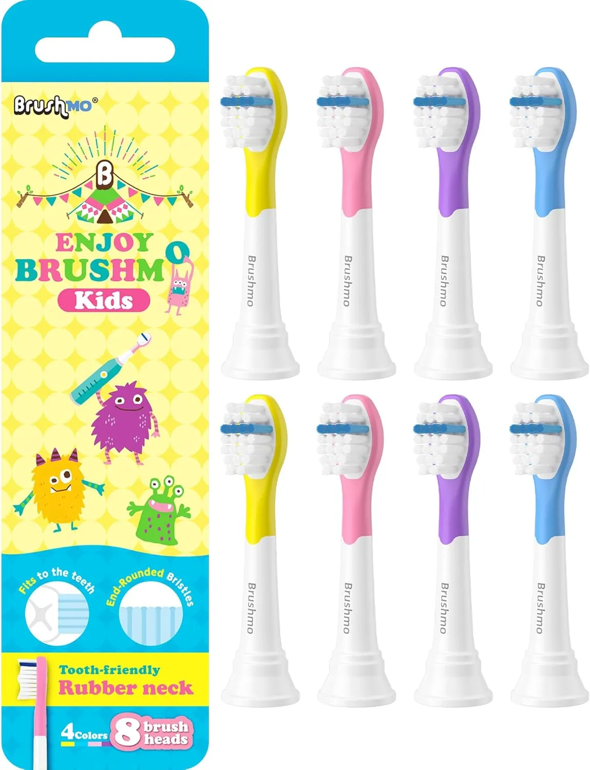 Brushmo Kids Replacement Toothbrush Heads, Compatible with Philips Sonicare for Kids HX6032 Click-on Electric Toothbrush Handles, 8 Compact Heads for Ages 3 , Ultra Soft Dupont Bristles, BM638, White