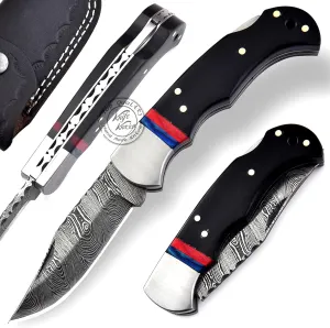 Buffalo Horn with Red & Blue Spacer 6.75'' Handmade Damascus Steel Folding Pocket Knife with Back Lock for EDC, Camping, 100% Prime Quality, KKH-62