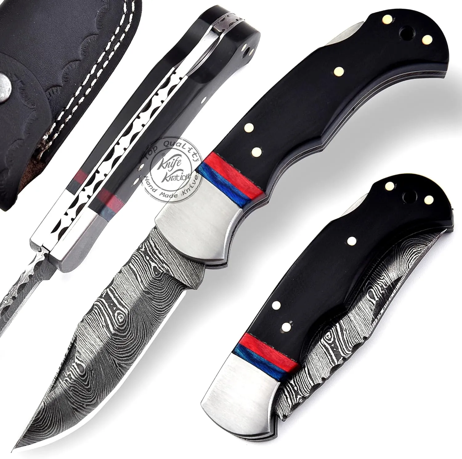Buffalo Horn with Red & Blue Spacer 6.75'' Handmade Damascus Steel Folding Pocket Knife with Back Lock for EDC, Camping, 100% Prime Quality, KKH-62