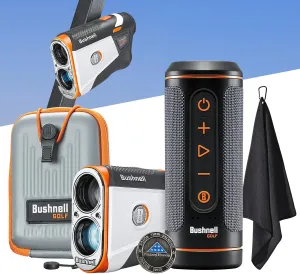 Bushnell Golf Patriot Player Pack with Tour V6 Shift Rangefinder with Slope, Premium Case, Wingman 2 GPS Speaker, Ball Marker & Signature Series Towel - Ultimate Golf Course GPS Caddie Bundle