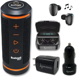 Bushnell Wingman GPS Bluetooth Speaker with Included Wearable4U Ultimate Black EarBuds with Power Bank Case and Wall/Car Chargers Bundle