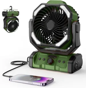CAMPERFECT Camping Fan Rechargeable, 20000mAh Battery Powered Portable Fan with LED Light & Hanging Hook, 4 Speeds Quiet Outdoor Fans for Tent, Travel, Emergency, BBQ, and Home Use (Green)
