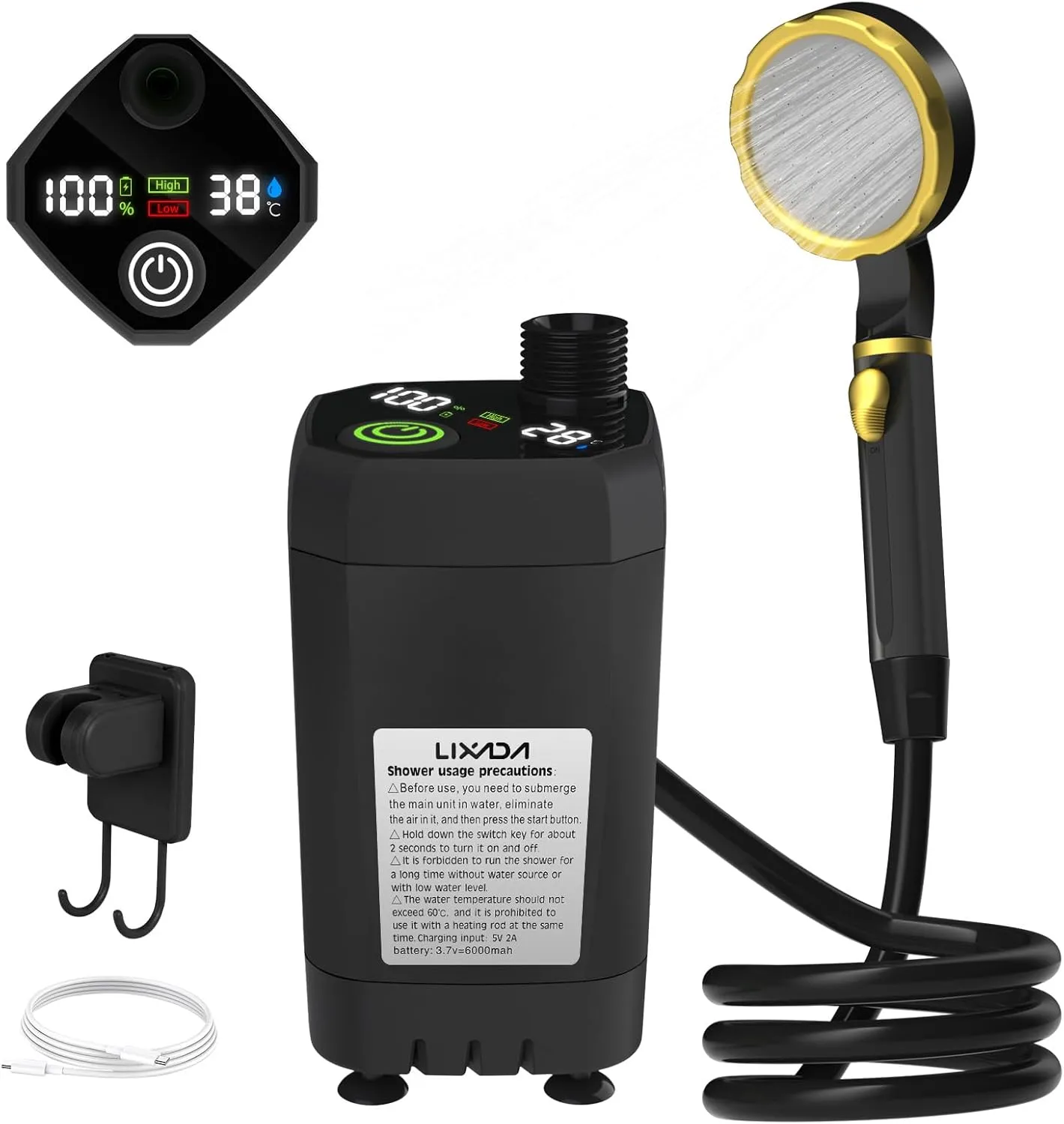 Camping Shower, Portable Camping Shower Pump RV Outdoor Shower Kit Camp Shower w Full Screen Intelligent Digital Display Adjustable Shower Kit for Backyard
