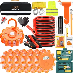 Car Emergency Roadside Kit, with Led Road Flares, Jump Cables, Towing Rope, Winter Car Safety Kit Roadside Emergency Kit for Car 50pcs
