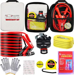 Car Emergency Roadside Tool Kit, Auto Emergency Kits Vehicles, with Jumper Cables kit，Car Safety Roadside Assistance Kit,Headlamp,Tow Straps,Tape Measure,Rainwear,Gloves.Gloves.Pale