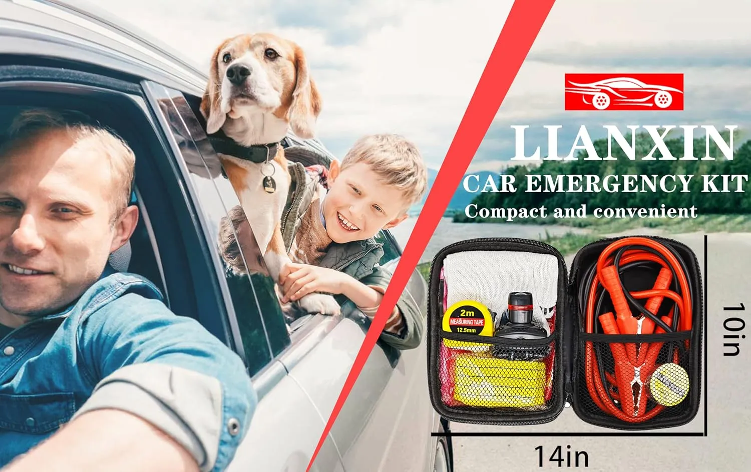 Car Emergency Roadside Tool Kit, Auto Emergency Kits Vehicles, with Jumper Cables kit，Car Safety Roadside Assistance Kit,Headlamp,Tow Straps,Tape Measure,Rainwear,Gloves.Gloves.Pale
