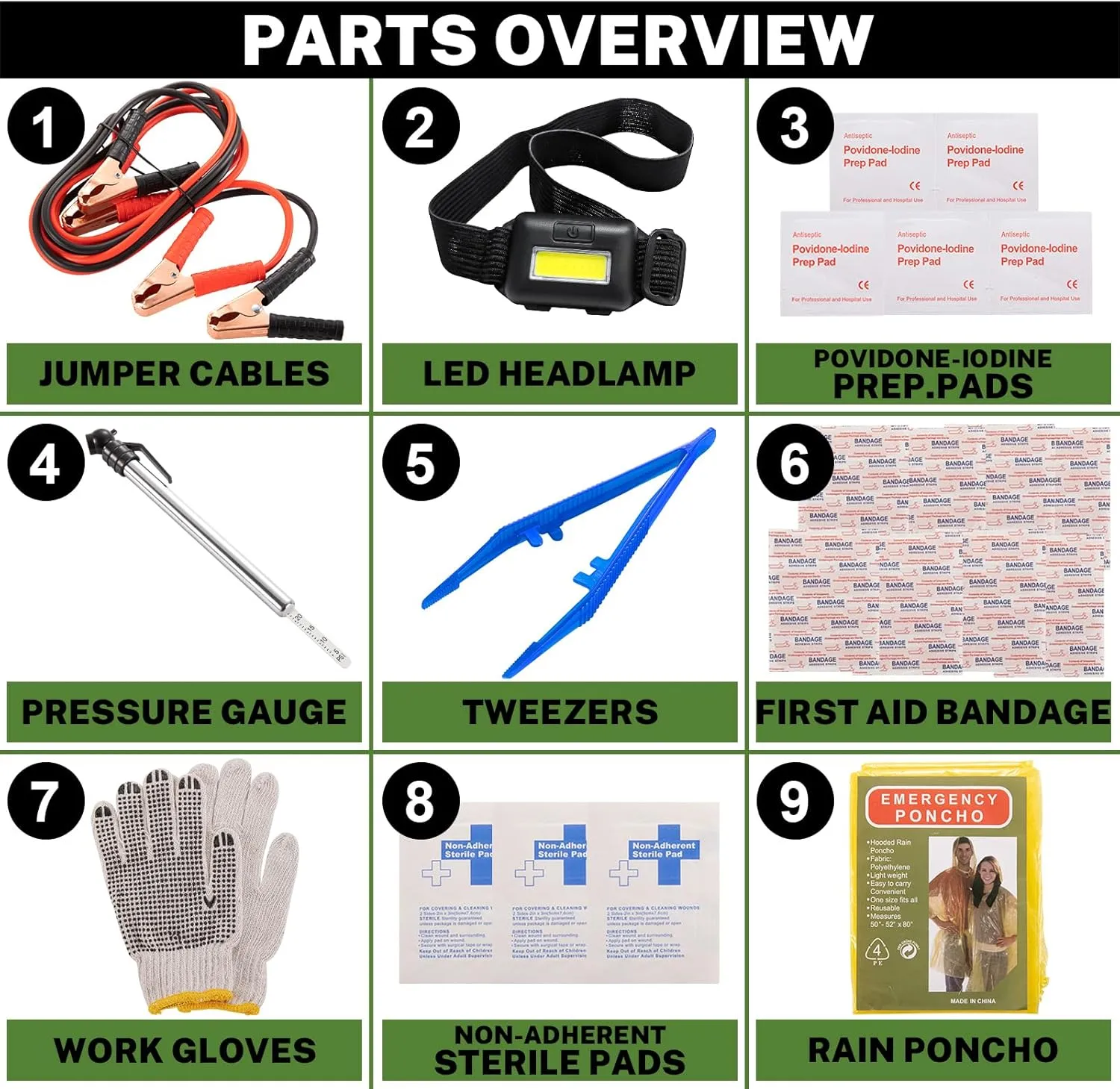 Car Roadside Emergency Kit with Battery Jumper Cables,Car Accessories for Men or Women,Automotive Safety Kit for Car,Vehicle, Truck or SUV,Gifts for Men or Him,Green